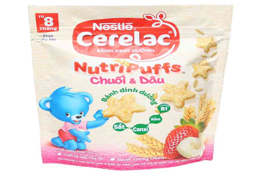 Bánh ăn dặm Nestle CERELAC Nutripuffs vị dâu và chuối 50g (Từ 8 tháng)